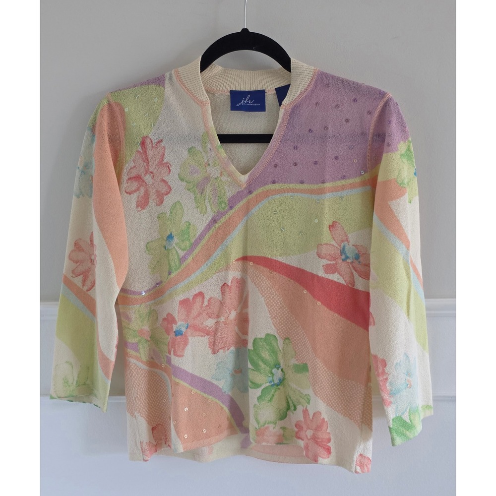 JH Collectibles Pastel Floral Sequin V-Neck Sweater 3/4 Sleeve‎ Womens Small
